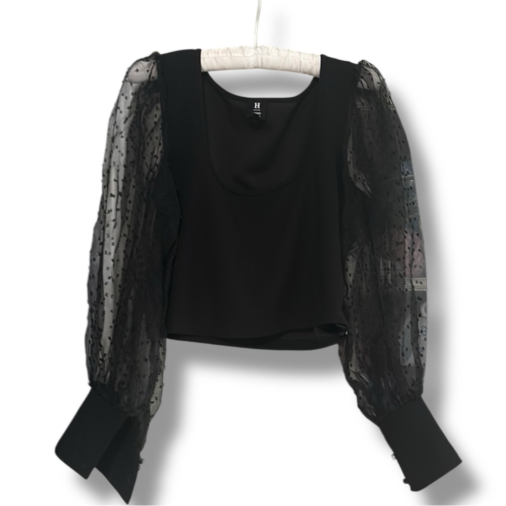 Hidden Brand Black Long Sleeve Blouse with Sheer Dot Sleeves Size Large